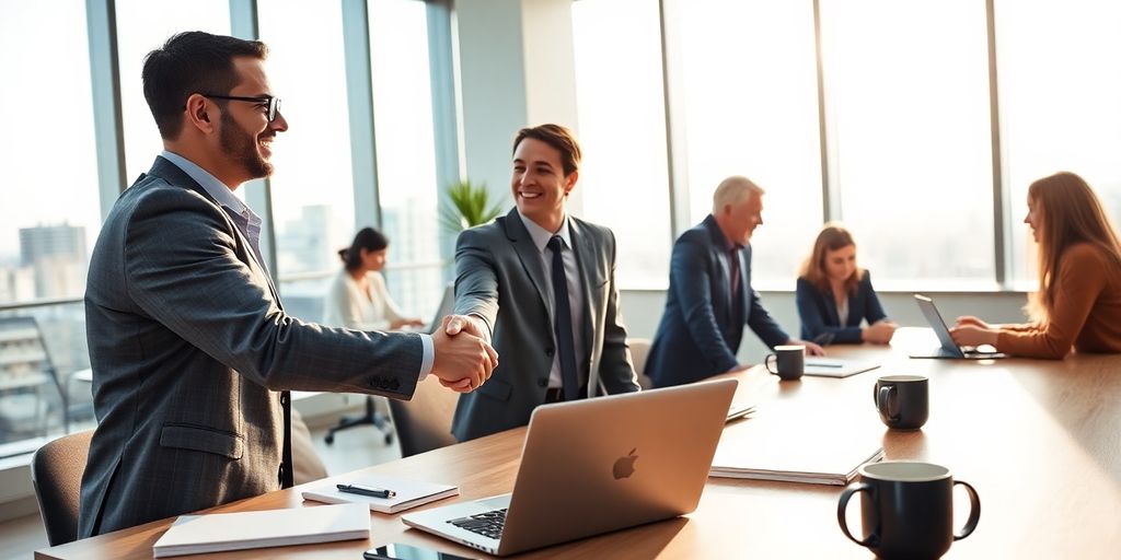 Two professionals shaking hands in a bright modern office workspace.