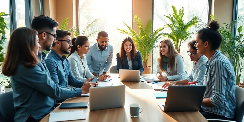 Diverse professionals around a conference table with laptops and devices