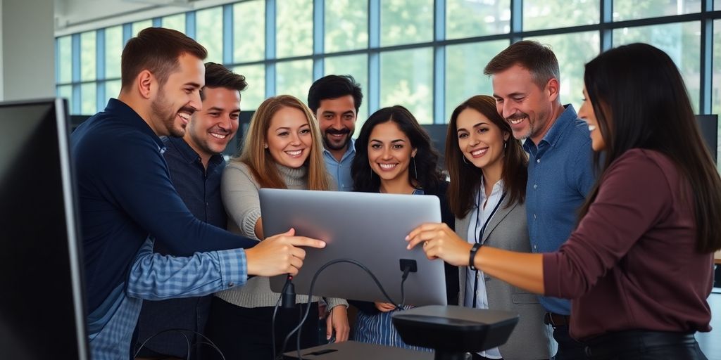 Professional team collaborating around laptop with cables in modern office