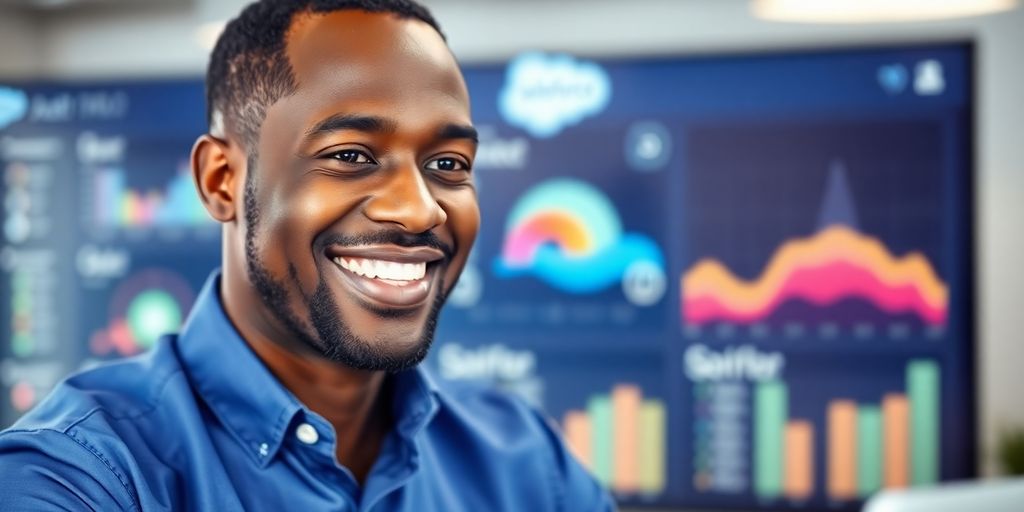 Business professional smiling, looking at Salesforce dashboard.