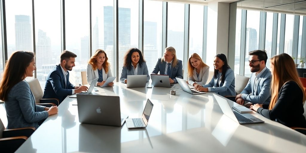 Business professionals collaborating with digital tools.