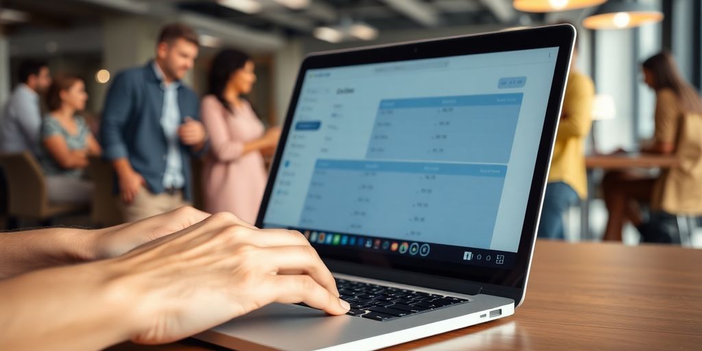 Laptop, diverse people, and a CRM interface.