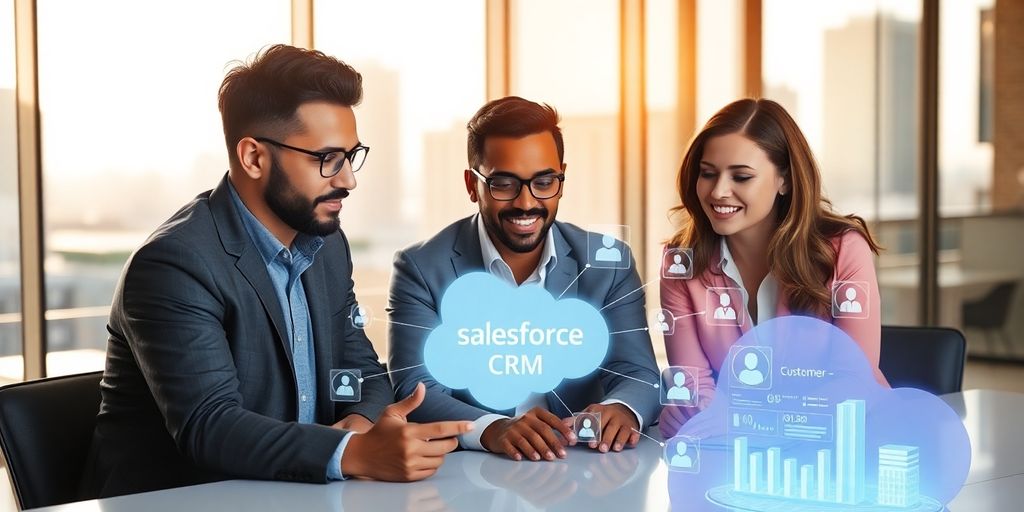 Business professionals collaborating with digital Salesforce interface.
