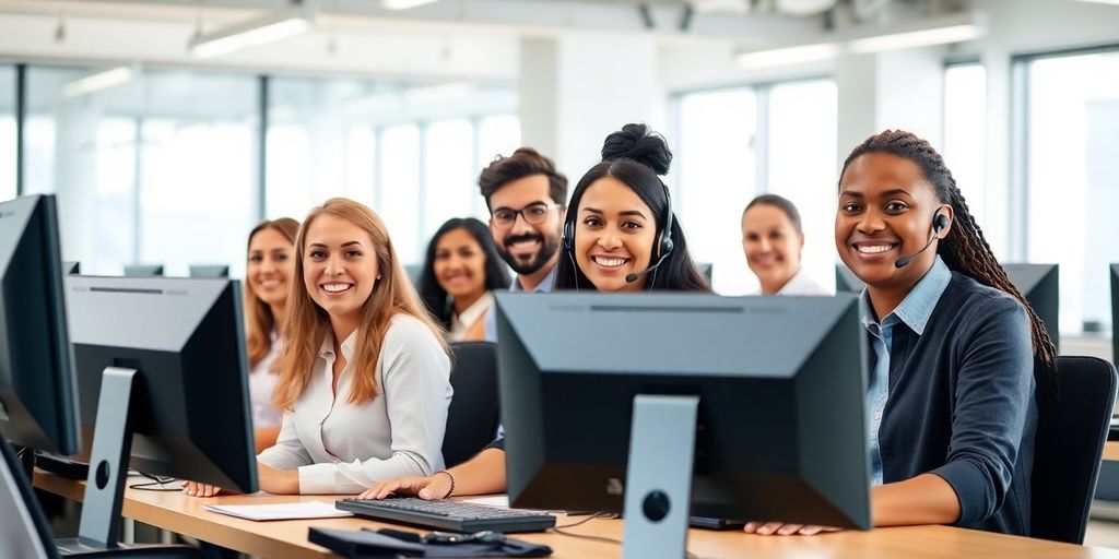 Happy customer service agents. Computer screens.