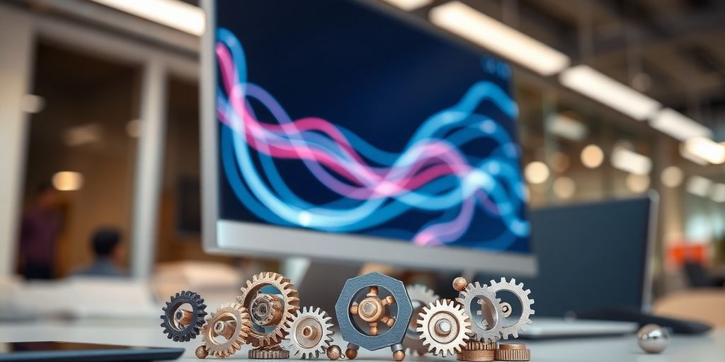 Desk with computer, gears, and data streams
