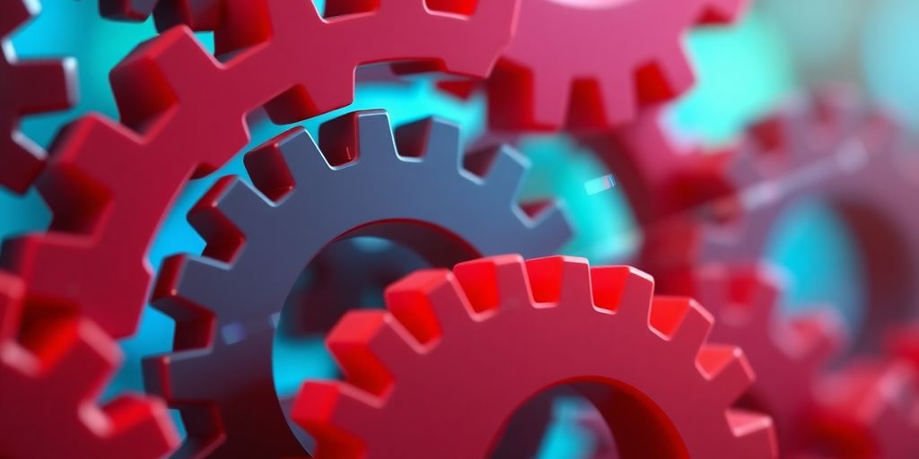 Bright 3D gears, abstract data flow.