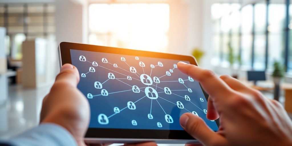 Business professionals collaborating with digital interface.