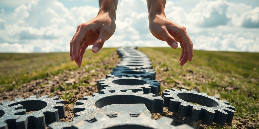 Clouds, hands, gears, and a path.