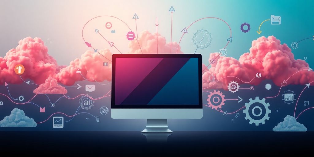 Clouds, arrows, gears, icons, computer