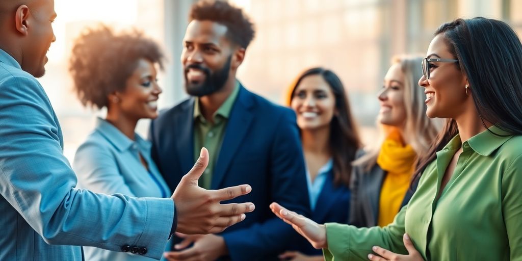 Business professionals shaking hands, cityscape background.