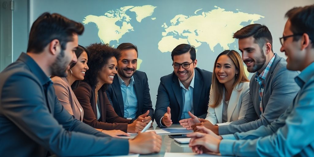 Global map with connecting lines, business people shaking hands