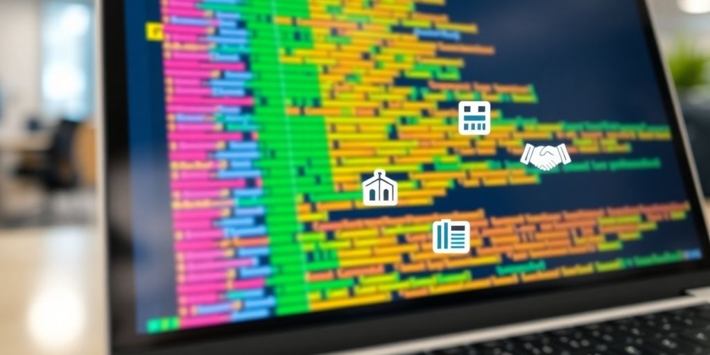 Laptop screen with colorful code, CRM object icons.