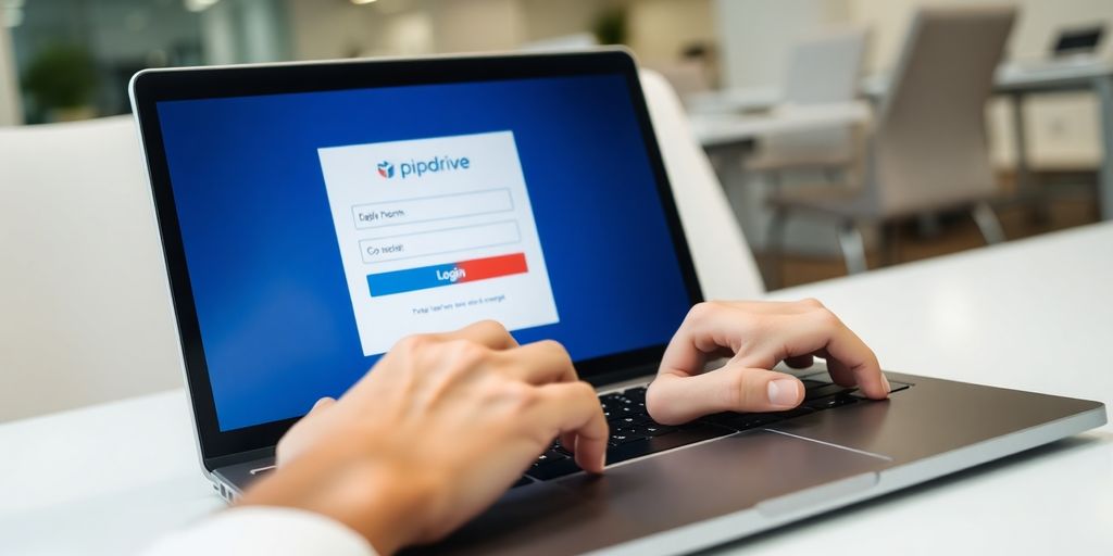 Person typing on laptop, Pipedrive login screen.