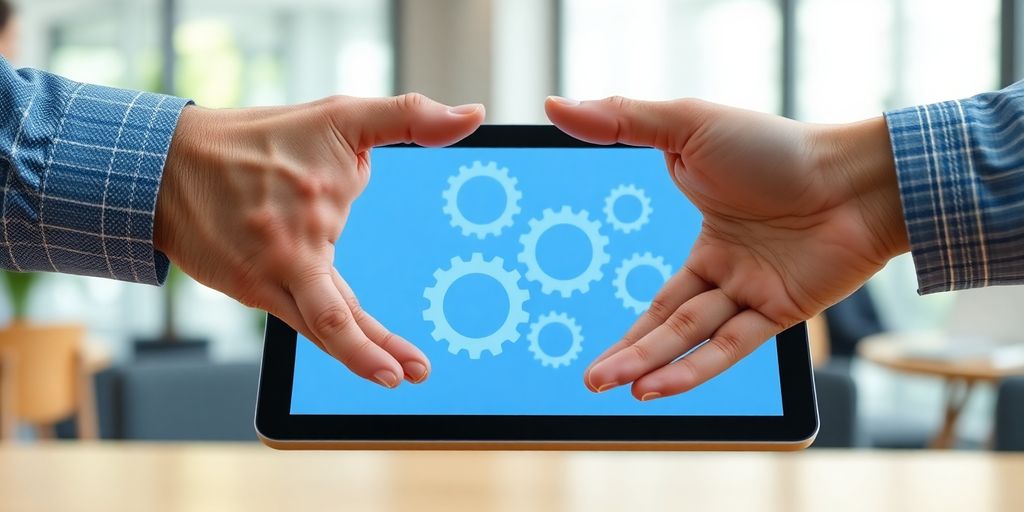 Two hands shaking over tablet, gears turning in background.