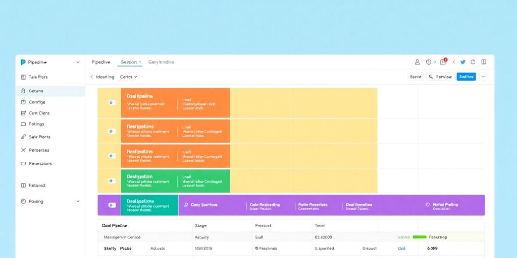 Pipedrive CRM interface with colorful deal stages.