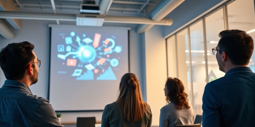 Business professionals watching a Salesforce demo.