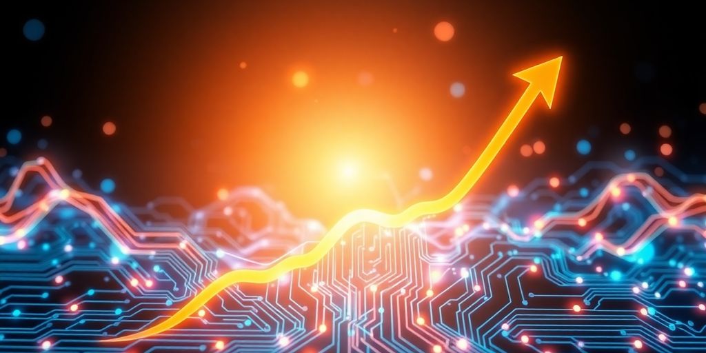 Growth chart with upward trend and futuristic tech elements.
