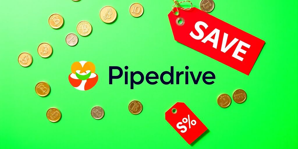 Pipedrive logo with discount tag and coins.