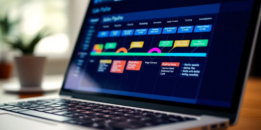 A sleek laptop displaying a vibrant sales pipeline.
