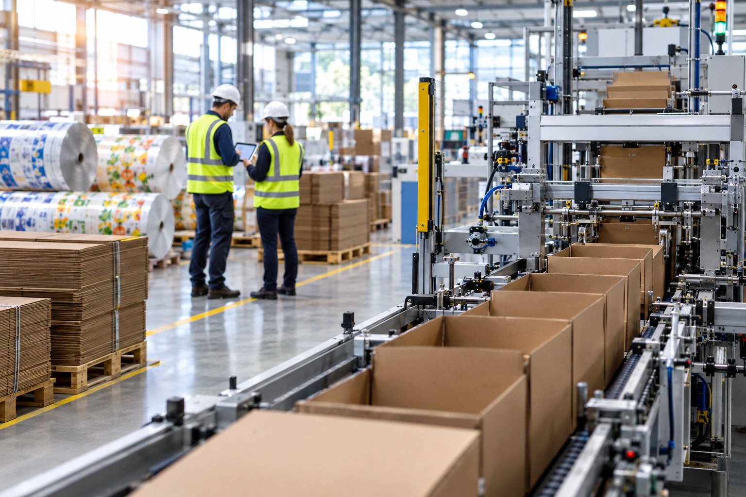 Two workers in high-visibility vests review a tablet beside a corrugated box converting line in a packaging plant