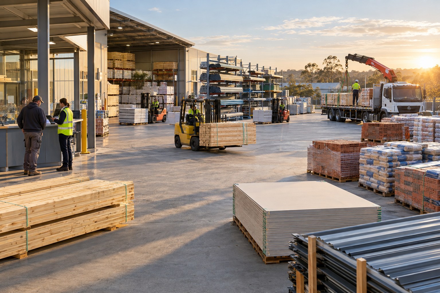 Forklifts, timber, plasterboard, bricks and a crane truck being loaded in a trade building supply yard at sunrise