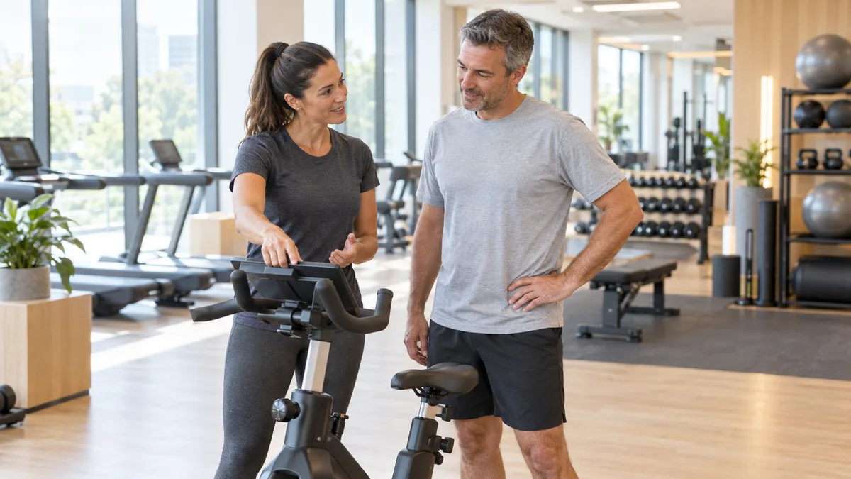 AI-generated illustration of a trainer advising a gym member, not actual Fitness First staff or members