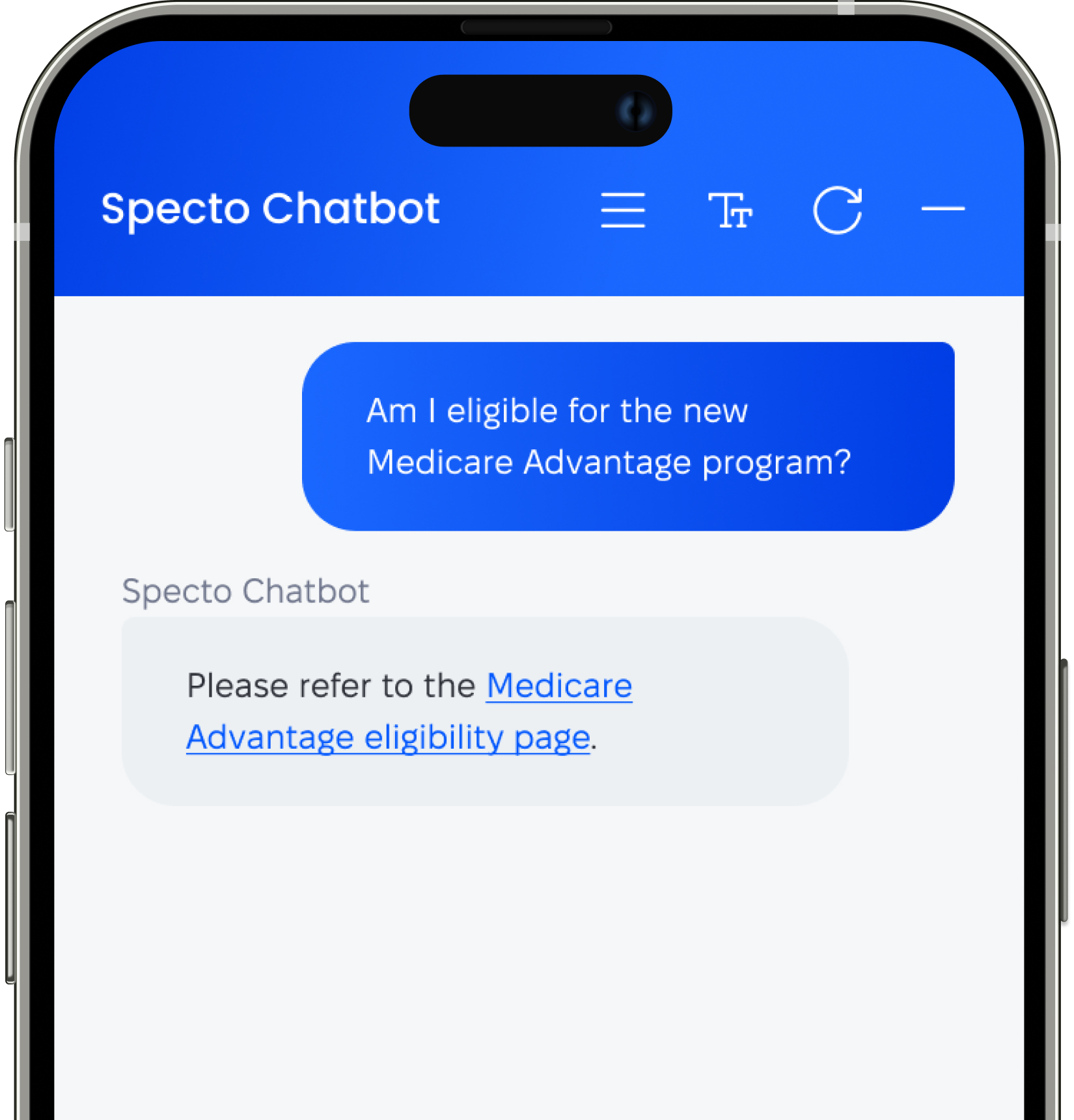 A conversation in the Legacy Studio chatbot. The user asks, "Am I eligible for the new Medicare Advantage program?" The chatbot replies, "Please refer to the Medicare Advantage eligibility page," with a hyperlink on the phrase "Medicare Advantage eligibility page."