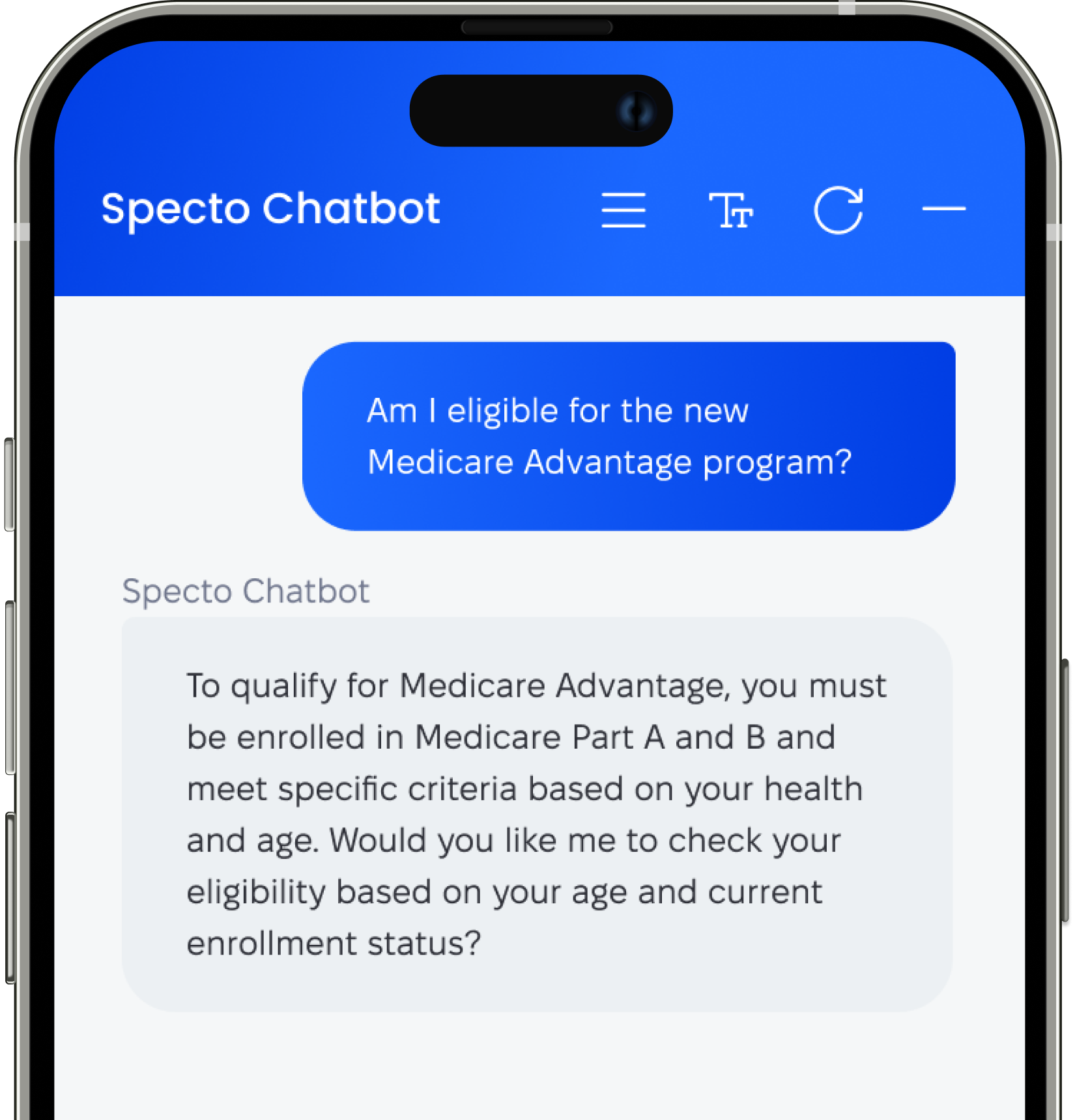 A conversation in the Gen Studio chatbot. The user asks, "Am I eligible for the new Medicare Advantage program?". The chatbot replies, "To qualify for Medicare Advantage, you must be enrolled in Medicare Part A and B and meet specific criteria based on your health and age. Would you like me to check your eligibility based on your age and current enrollment status?"
