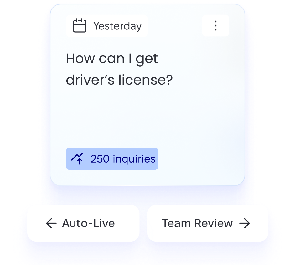 Chatbot management interface displaying options to either publish a response automatically or route it for team review, emphasizing user control over how chatbot replies are approved and managed.