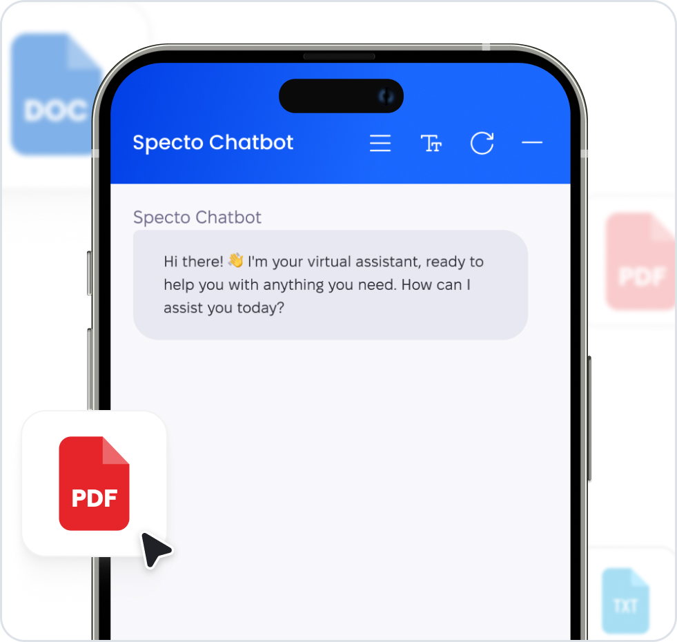 Visual showing a PDF file being added to a chatbot interface, indicating that documents can be uploaded to enhance the chatbot’s knowledge base and automatically update its content.
