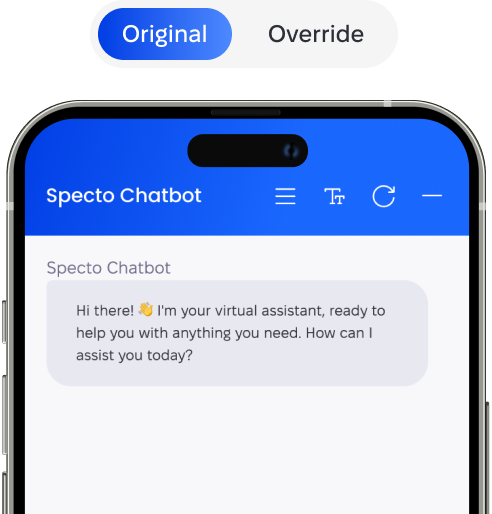 Mobile screen showing the chatbot interface. The chatbot greets the user with a message: "Hi there! I’m your virtual assistant, ready to help you with anything you need. How can I assist you today?"