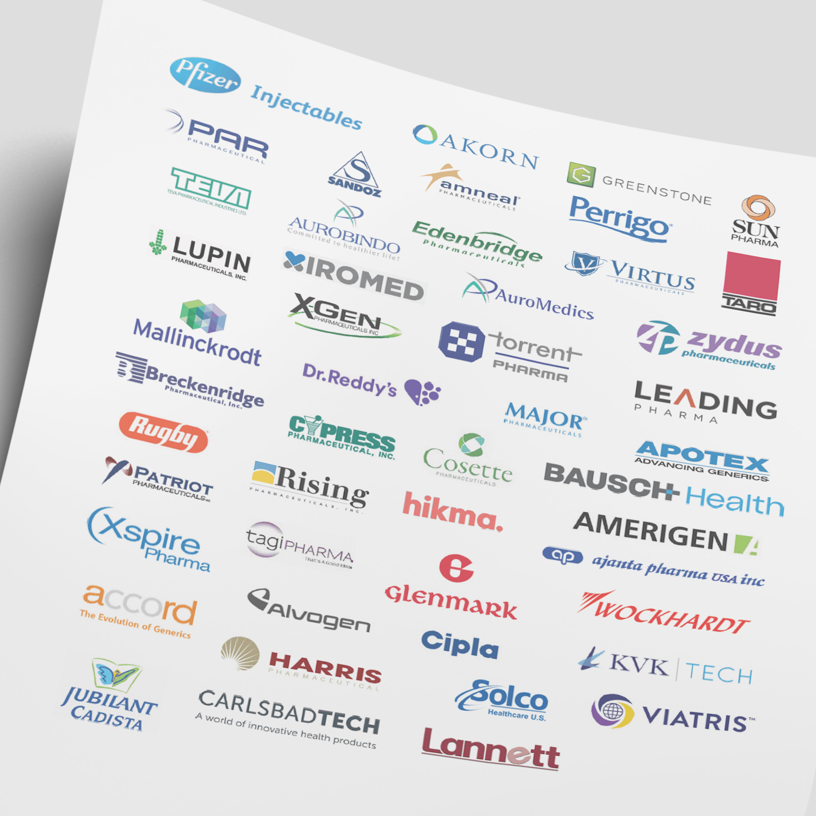 A grid of logos from the pharmaceutical manufacturers Real Value Rx partners with, including Pfizer, Teva, Sandoz, Viatris, Amneal, and Apotex.