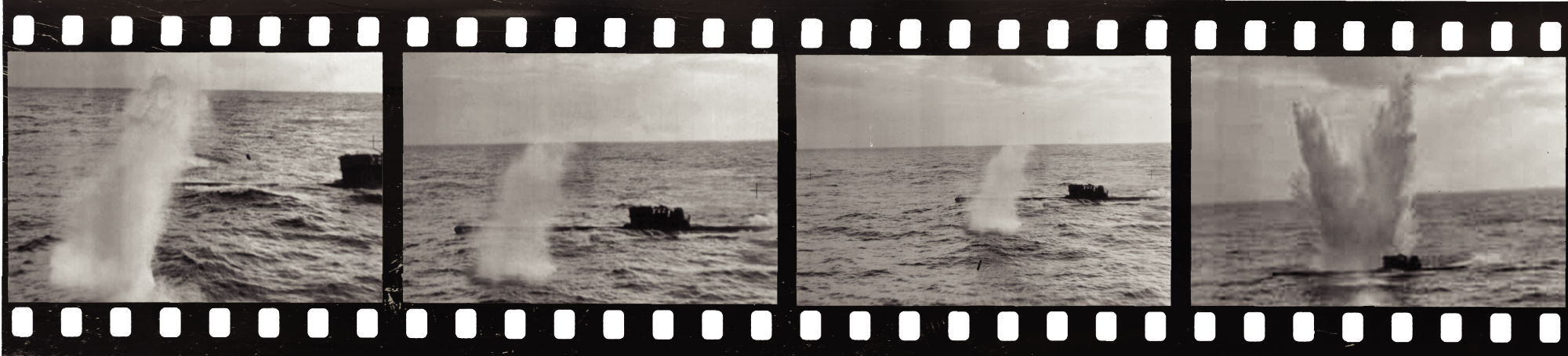 Film strip photos of bombs being dropped on a wartime submarine 