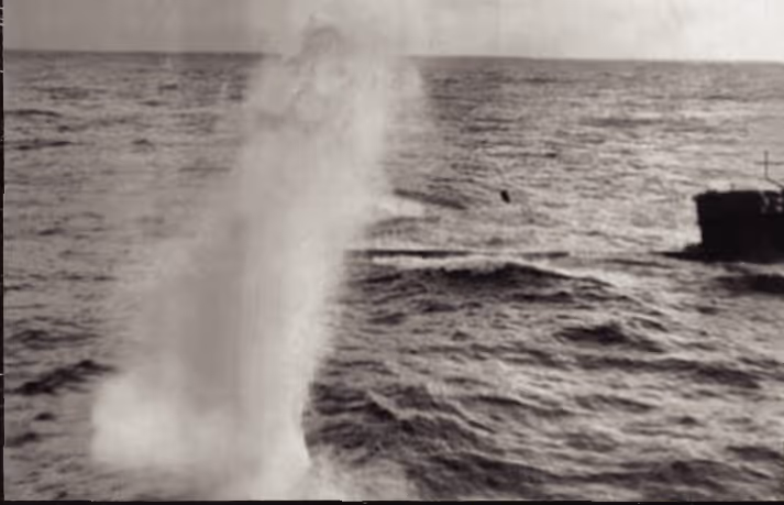 Bombs splashing near German U-Boat U-342 in WWII