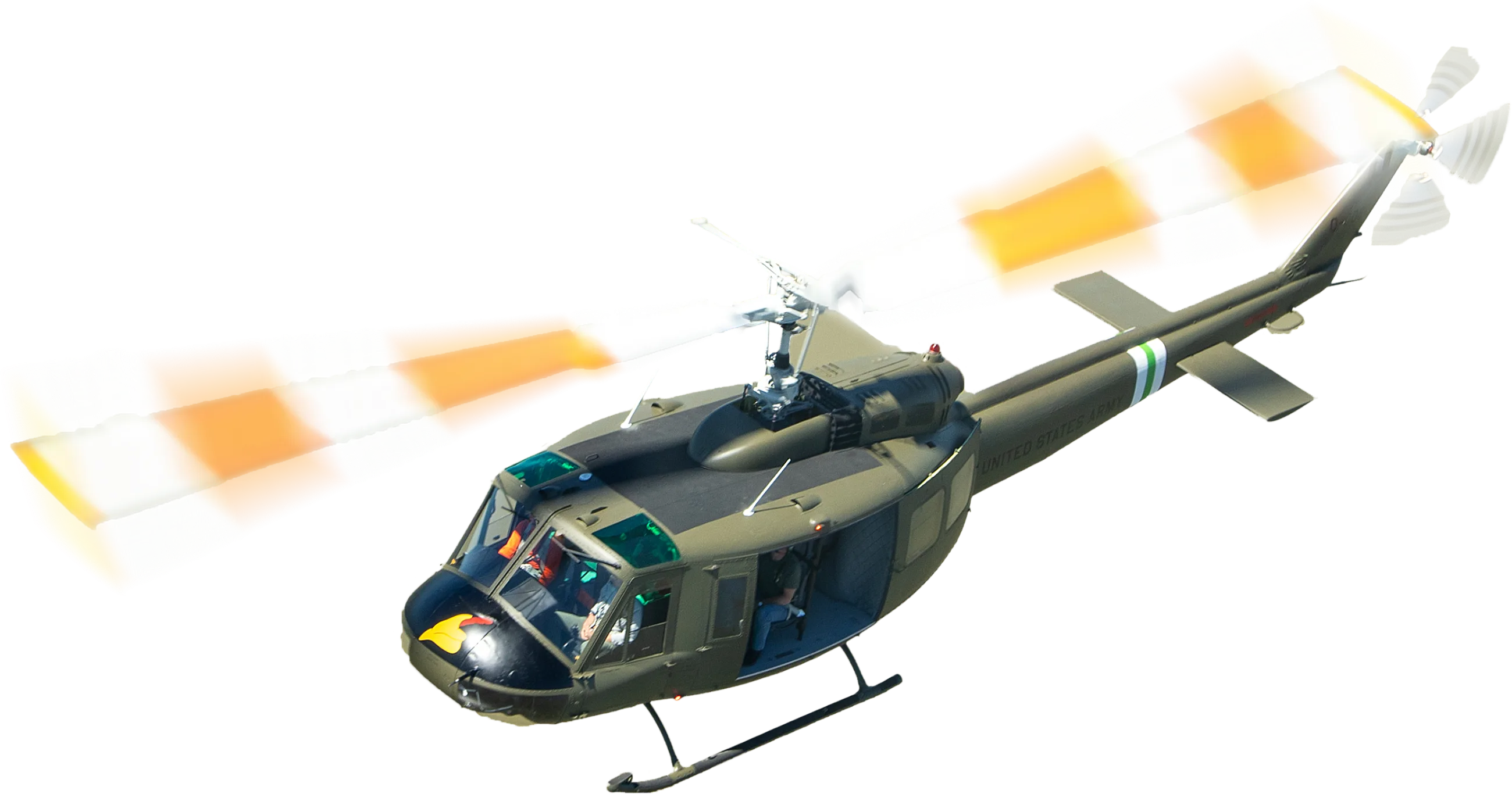 Olive-green U.S. Army helicopter with spinning rotor blades shown with motion blur.