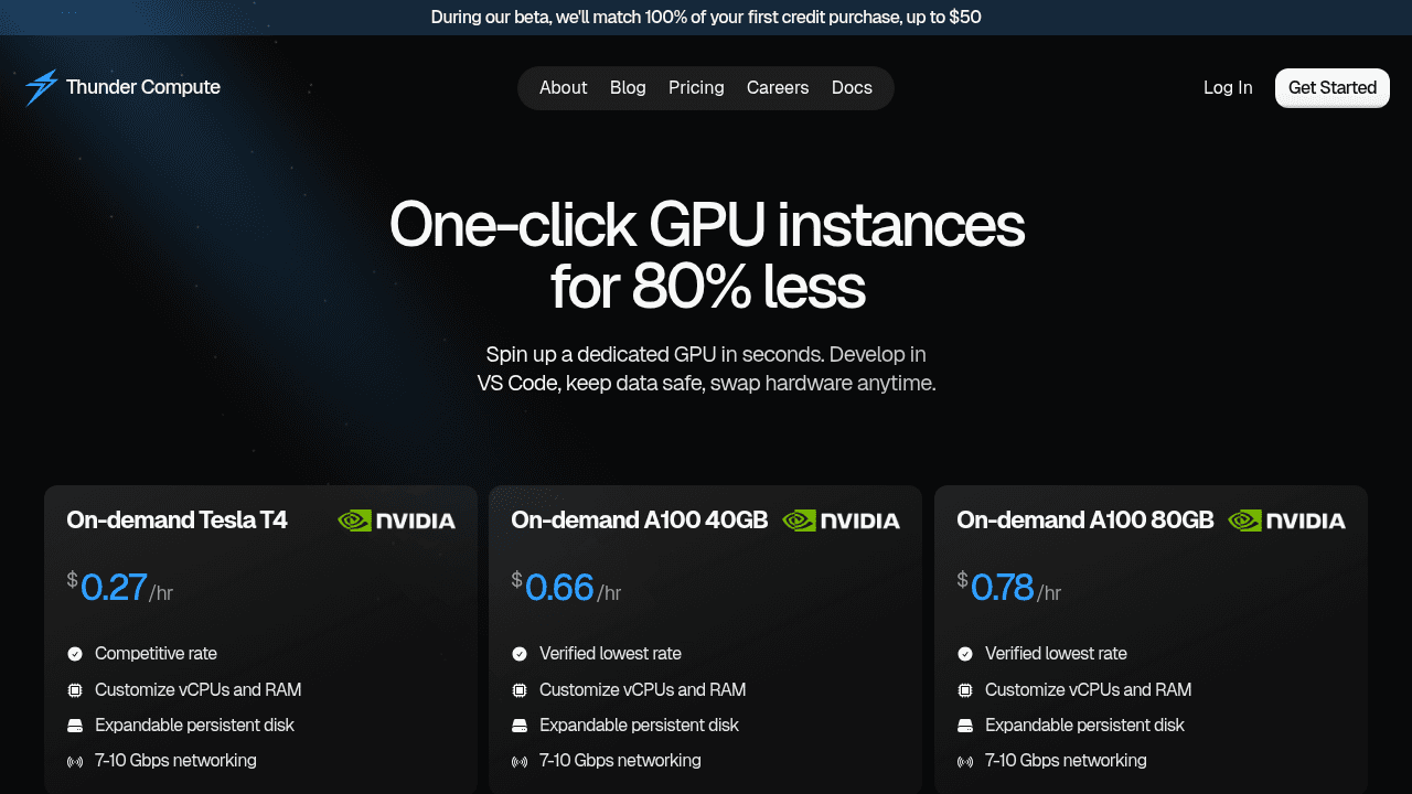 Thunder Compute homepage showing affordable GPU cloud computing services with transparent pricing and developer-focused features