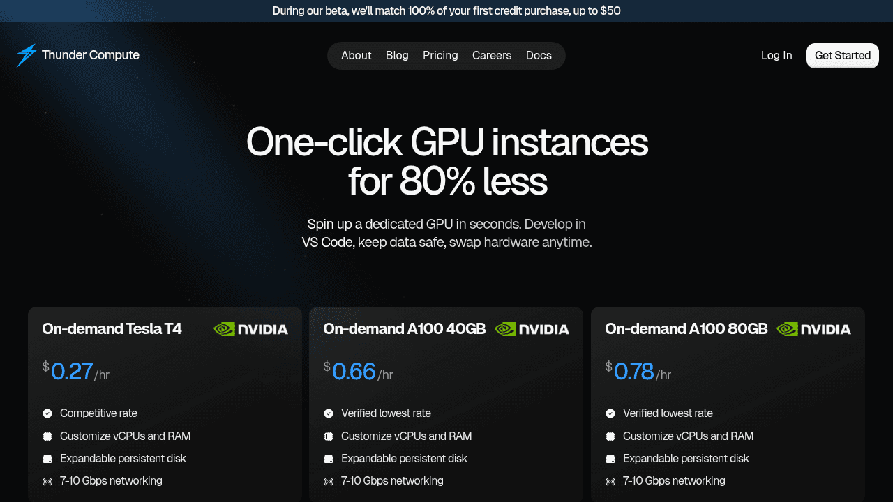 Thunder Compute homepage screenshot showing GPU cloud computing platform with CUDA-powered instances and VS Code integration