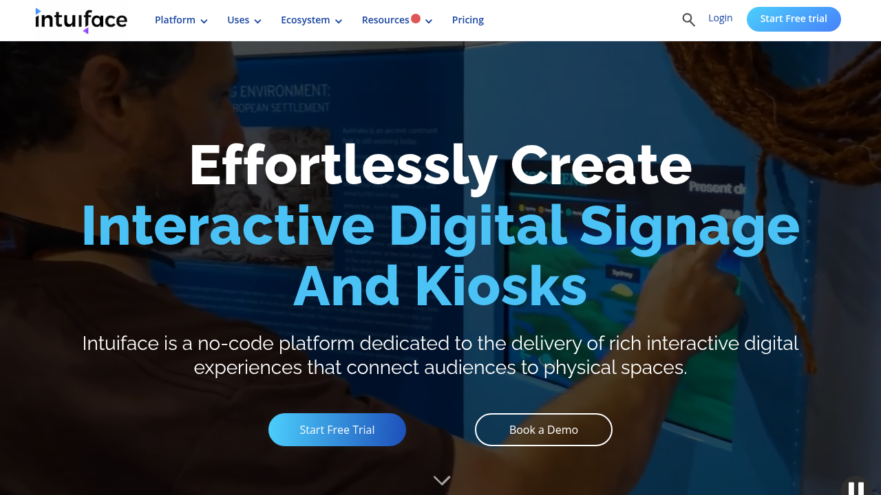 Intuiface no-code interactive experience platform homepage showing drag-and-drop touch application builder