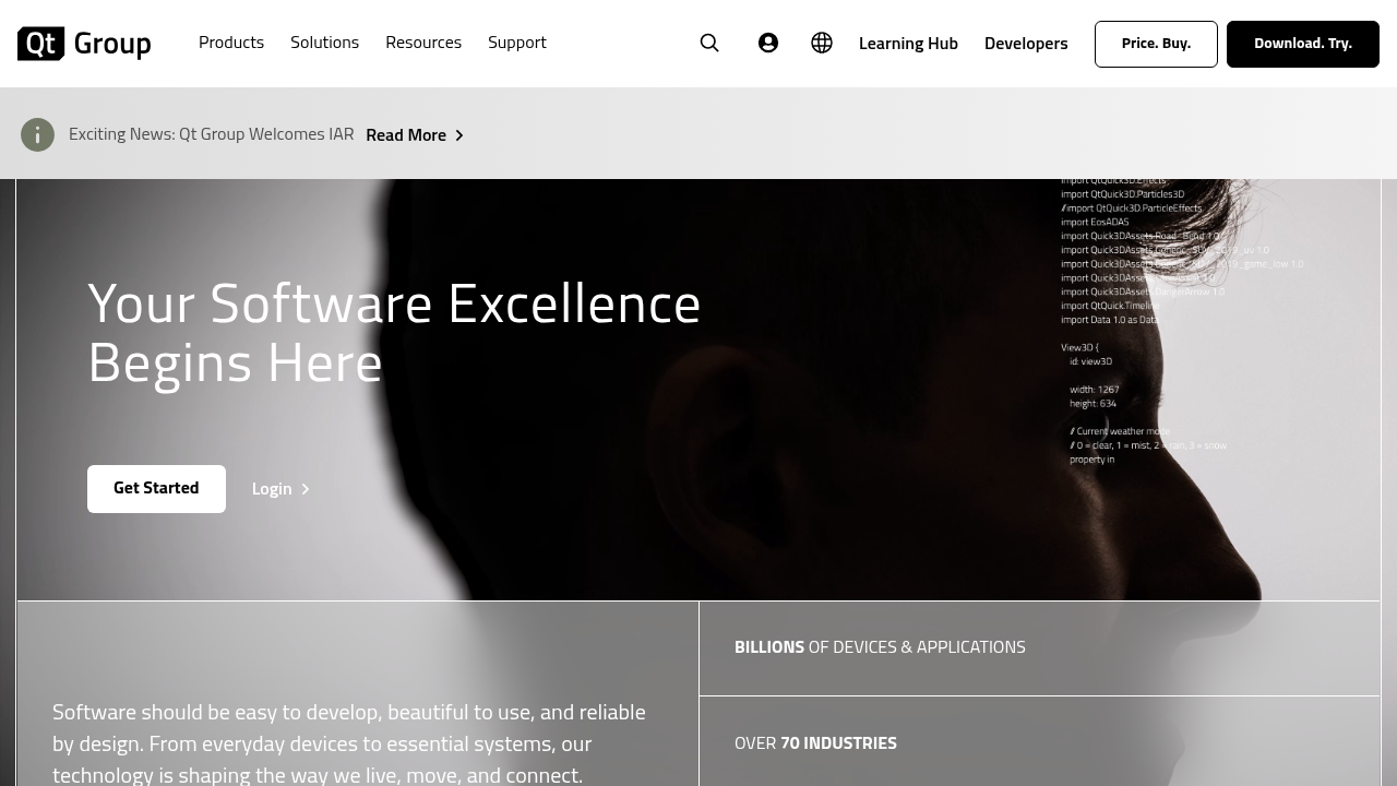 Qt Framework official website homepage displaying cross-platform development tools and multi-touch capabilities