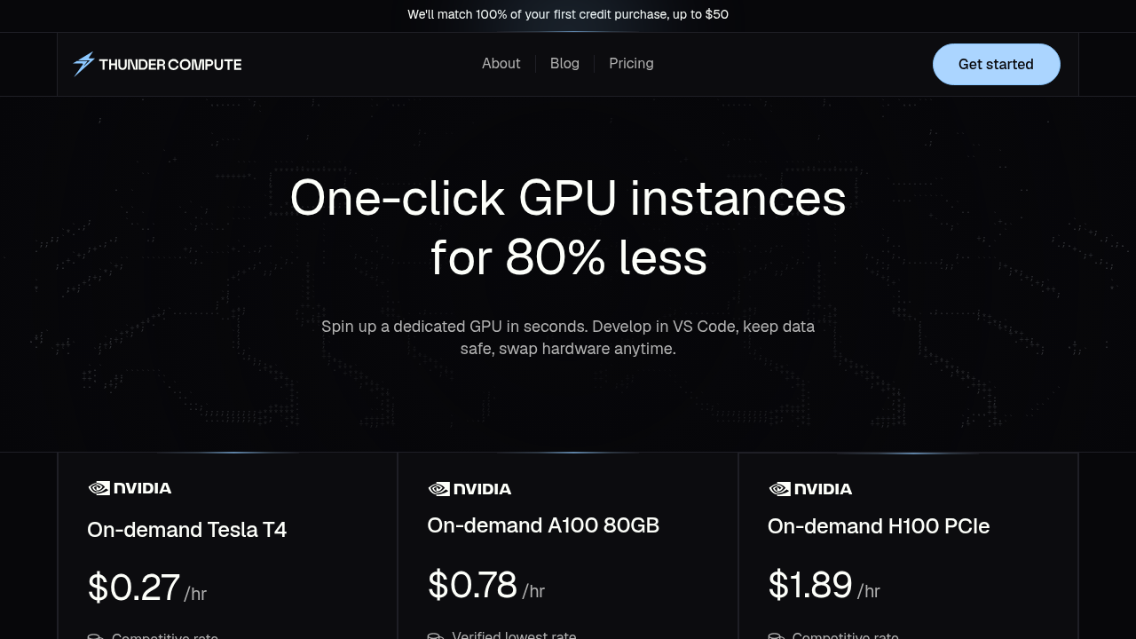 Thunder Compute homepage showing GPU cloud platform with transparent pricing and one-click deployment features