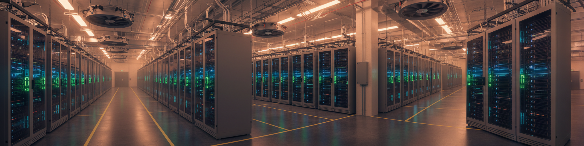 Modern data center facility with rows of server racks containing GPU hardware, glowing blue and green lights, clean industrial architecture, cooling systems visible, wide angle perspective showing scale of infrastructure, professional technology photography style, high-tech atmosphere