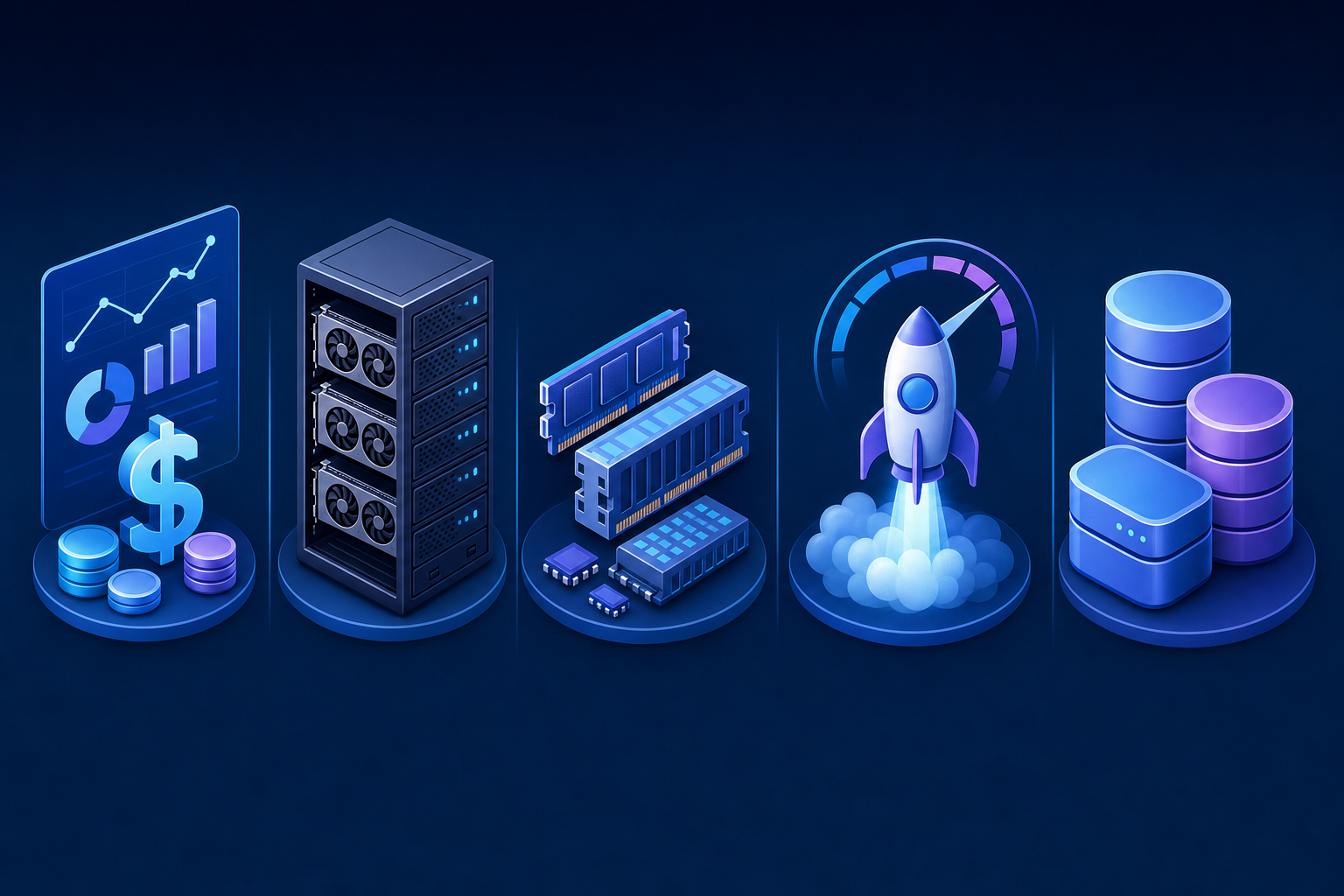 Modern technical illustration showing GPU cloud provider comparison criteria. Display five distinct visual elements representing: pricing transparency (dollar signs and charts), GPU availability (server racks with graphics cards), memory capacity (RAM modules and storage), deployment speed (rocket or speed indicators), and storage options (database cylinders). Use a clean, organized layout with blue and purple gradients. Technical and professional aesthetic, isometric or flat design style, no text or labels.