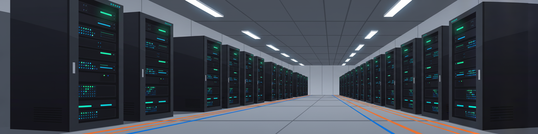 Modern data center interior with rows of high-performance GPU servers, glowing blue and green LED indicators, sleek black server racks with NVIDIA hardware, clean minimalist tech environment, professional lighting, futuristic atmosphere, wide angle view showing scale of infrastructure
