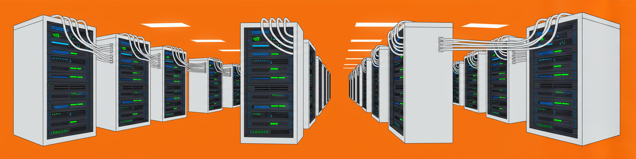 Modern enterprise data center with rows of NVIDIA GPU server racks, illuminated by blue and green LED indicators, high-performance computing infrastructure, InfiniBand networking cables, clean organized server room environment, professional industrial lighting, wide angle perspective showing scale and depth