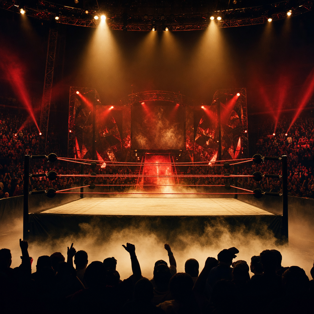 Professional wrestling arena spotlight illuminating an empty championship ring, dramatic lighting with red and gold tones, fog effects rolling across the canvas, crowd silhouettes in background, WWE attitude era aesthetic, cinematic composition, powerful and energetic atmosphere