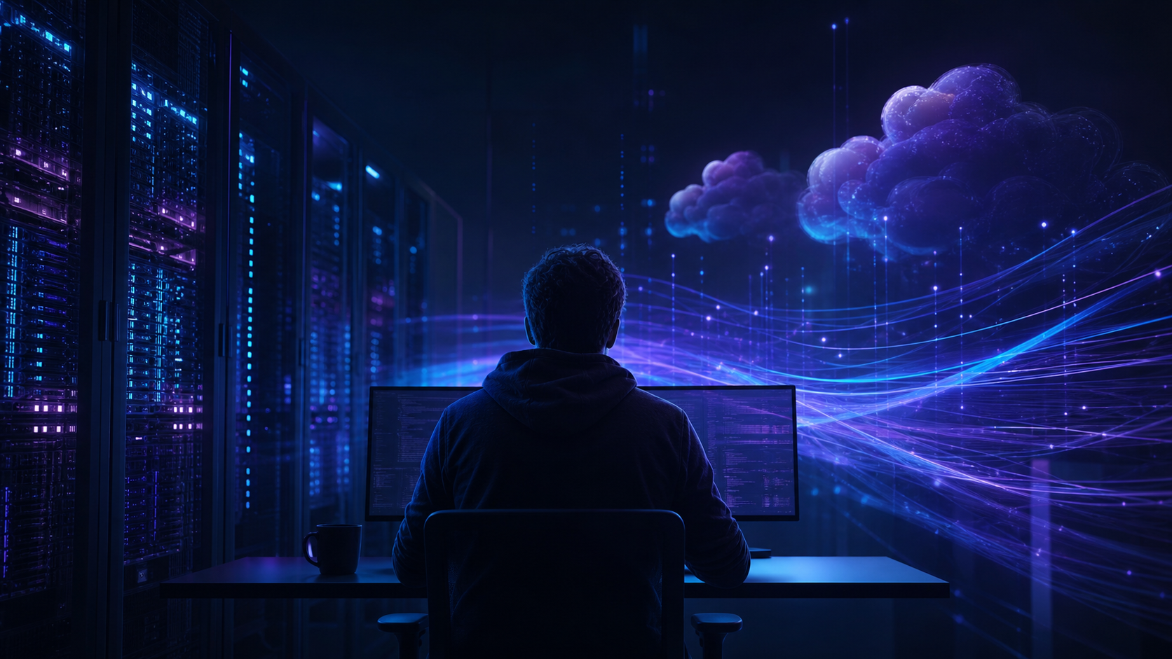 A developer at a modern workstation surrounded by glowing server racks and abstract data streams representing cloud GPU infrastructure, dark blue and purple color palette, cinematic lighting, no text or labels