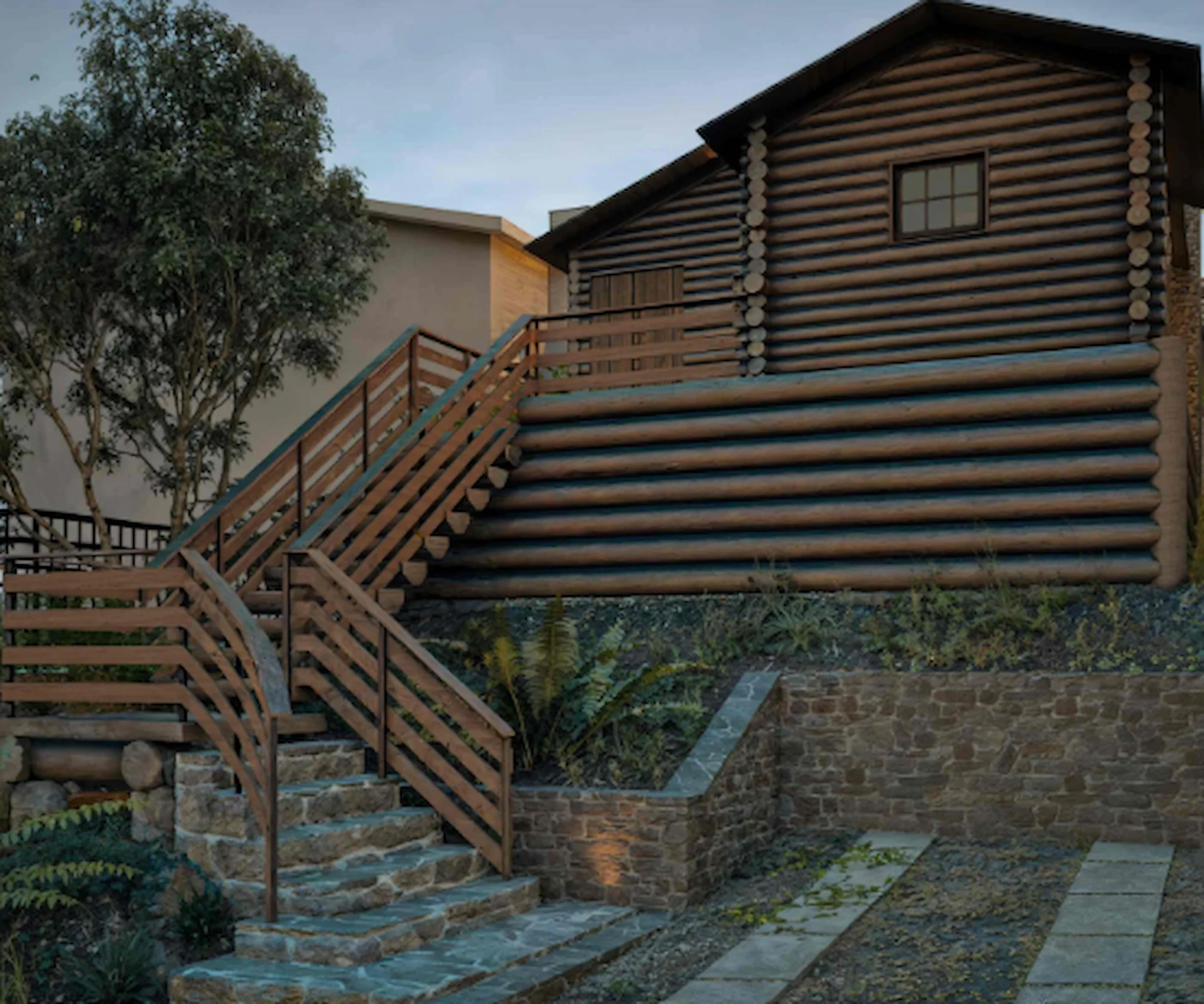 Jeffer's Cabin, Carmel-by-the-Sea, CA showing a 3D rendering made by Julia Correia to show what the cabin could look like with updated finishes