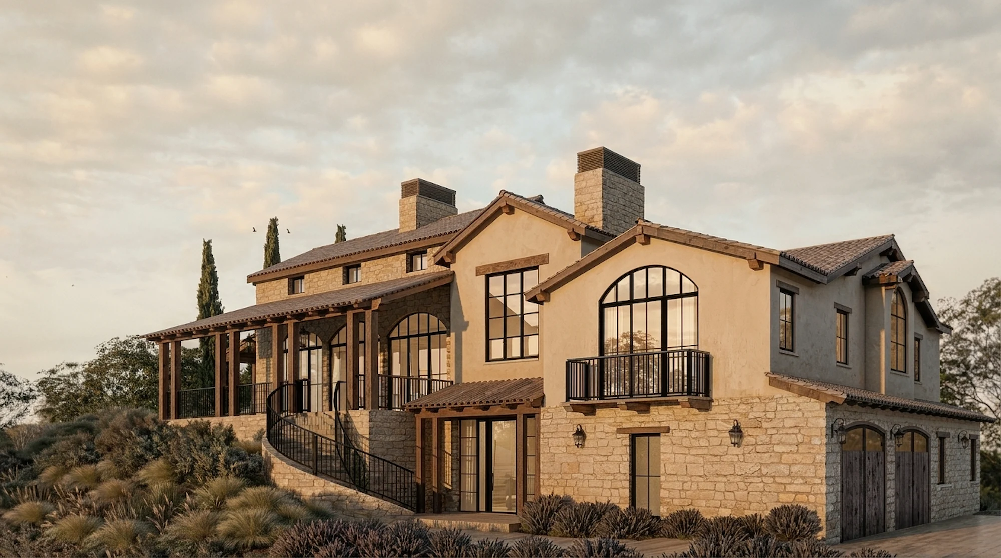 The Veranda house, Carmel Valley, CA showing an ultra realistic render of the exterior of the home with beautiful Carmel stone facades rendered by Julia Correia