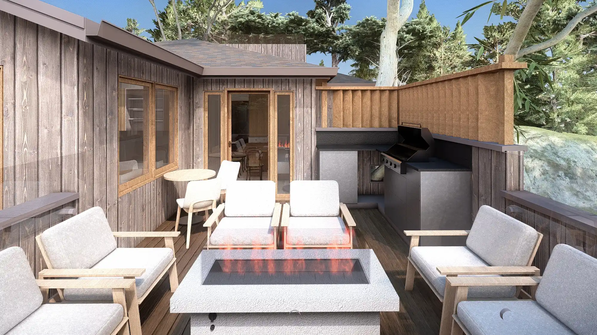 Brisa house, Carmel-by-the-Sea, CA showing a rendering of the outside patio of the home with a barbecue and patio furniture imagined by Julia Correia