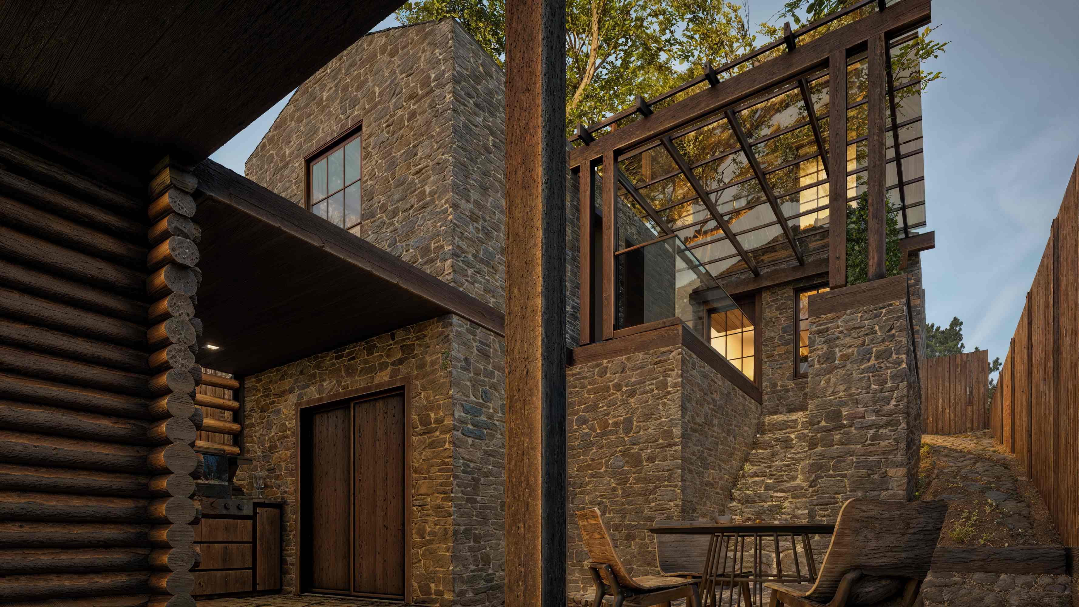 Rendering of the courtyard between the reconstructed log cabin and the stone addition at the Jeffers Cabin